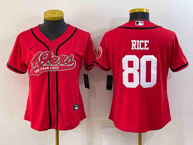 Women's San Francisco 49ers #80 Jerry Rice Red With Patch Cool Base Stitched Baseball Jersey (2)