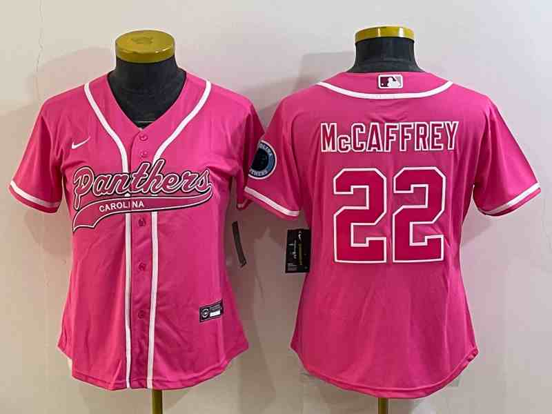 Women's Carolina Panthers #22 Christian McCaffrey Pink With Patch Cool Base Stitched Jersey