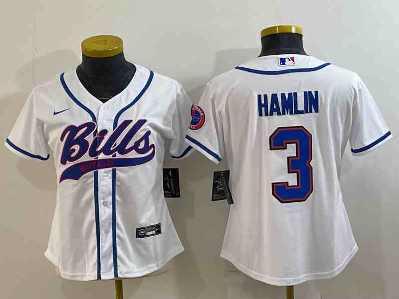 Women's Buffalo Bills #3 Damar Hamlin White With Patch Cool Base Stitched Baseball Jersey