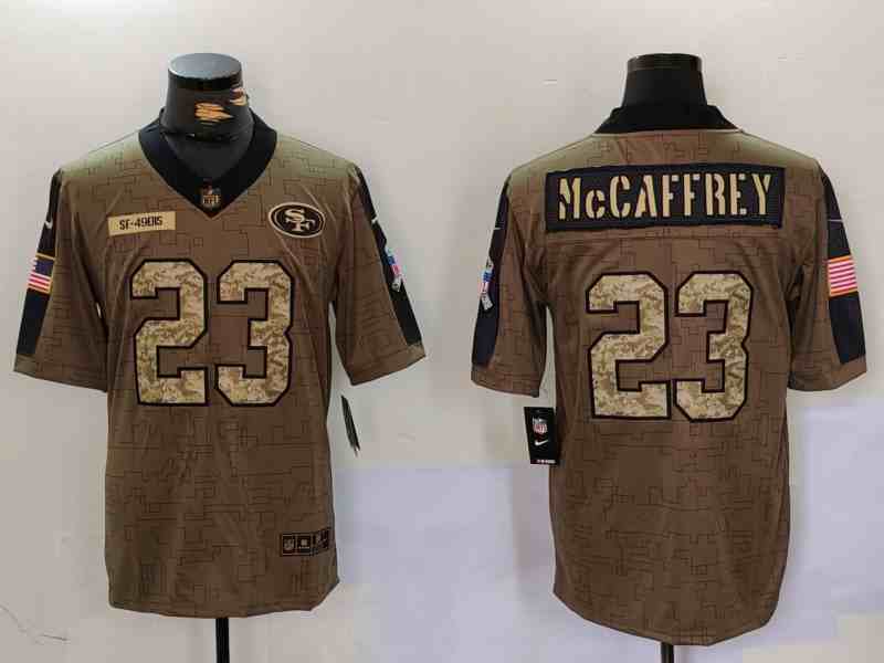 Men's San Francisco 49ers #23 Christian McCaffrey Olive 2021 Salute To Service Limited Stitched Jersey