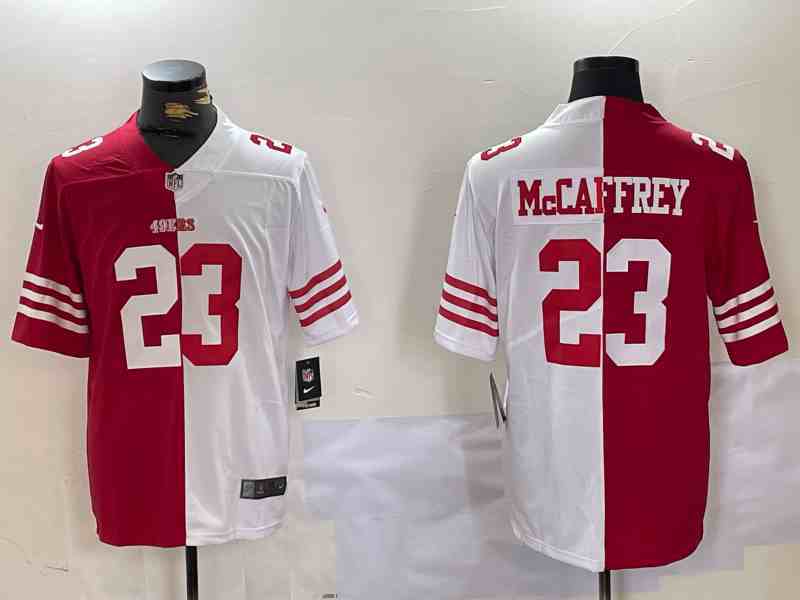 Men's San Francisco 49ers #23 Christian McCaffrey Red & White Split Limited Stitched Jersey