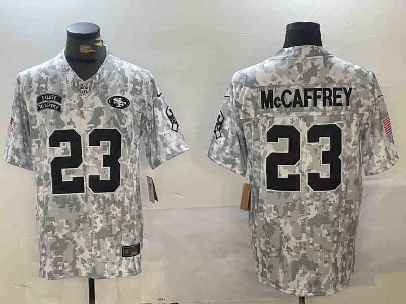 Men's San Francisco 49ers #23 Christian McCaffrey 2024 Arctic Camo Salute To Service Limited Stitched Football Jersey