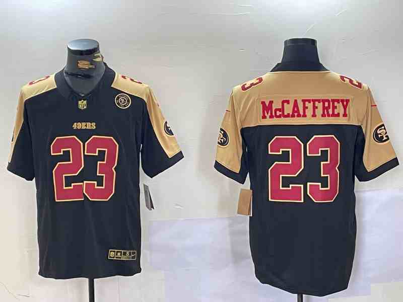 Men's San Francisco 49ers #23 Christian McCaffrey Black  Gold  F.U.S.E. Mexico With Gate Bridge Patch Vapor Limited Stitched Football Jersey