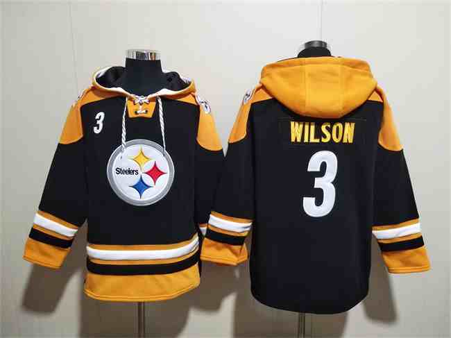 Men's Pittsburgh Steelers #3 Russell Wilson Black Ageless Must-Have Lace-Up Pullover Hoodie