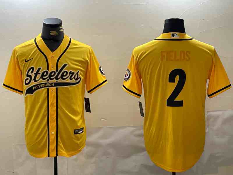 Men's Pittsburgh Steelers #2 Justin Fields Yellow With Patch Cool Base Stitched Baseball Jersey