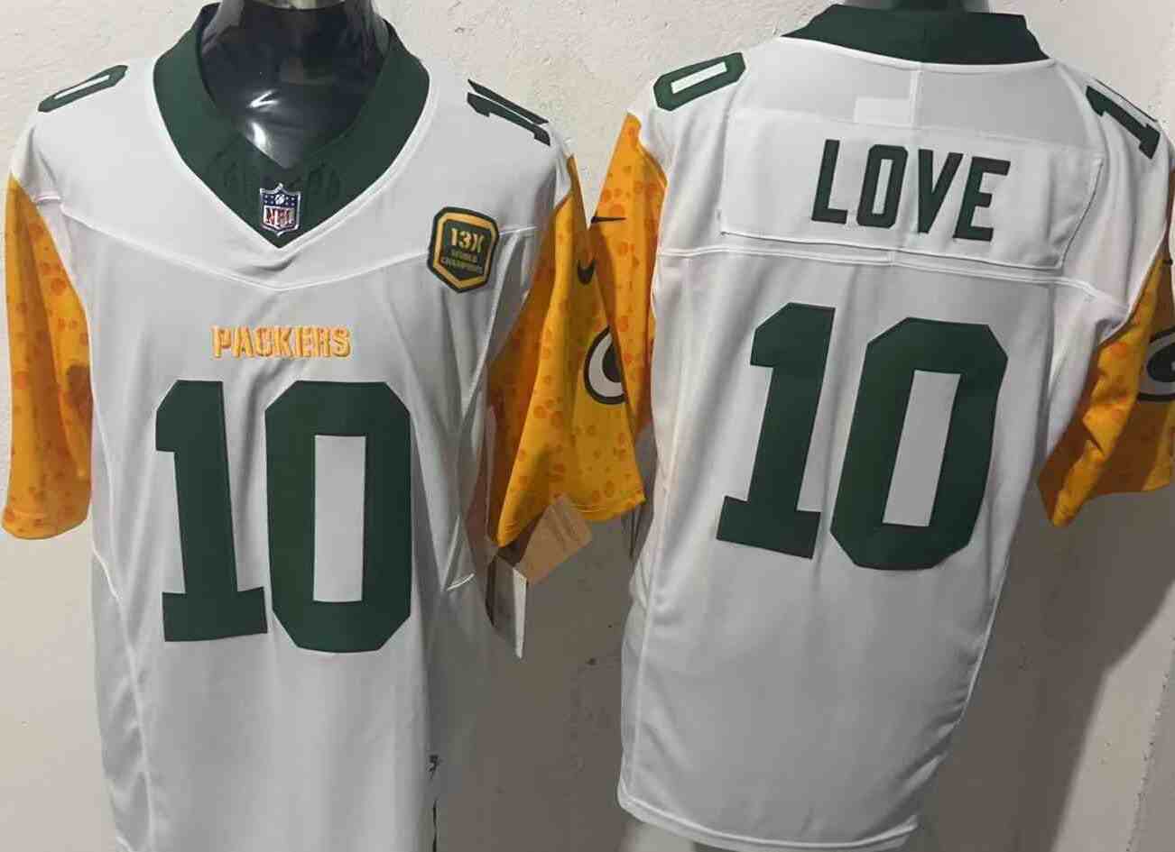 Men's Green Bay Packers #10 Jordan Love Cheese White 2024 F.U.S.E. 13 Time World Champions And Home Patch Vapor Untouchable Limited Stitched Football Jersey