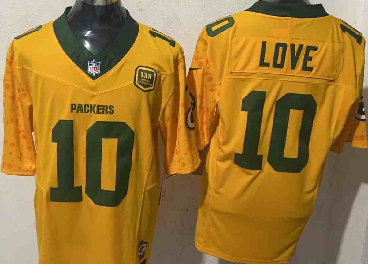 Men's Green Bay Packers #10 Jordan Love Cheese Gold 2024 F.U.S.E. 13 Time World Champions And Home Patch Vapor Untouchable Limited Stitched Football Jersey