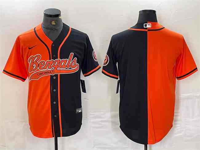 Men's Cincinnati Bengals Blank Black Orange Split With Patch Cool Base Stitched Baseball Jersey