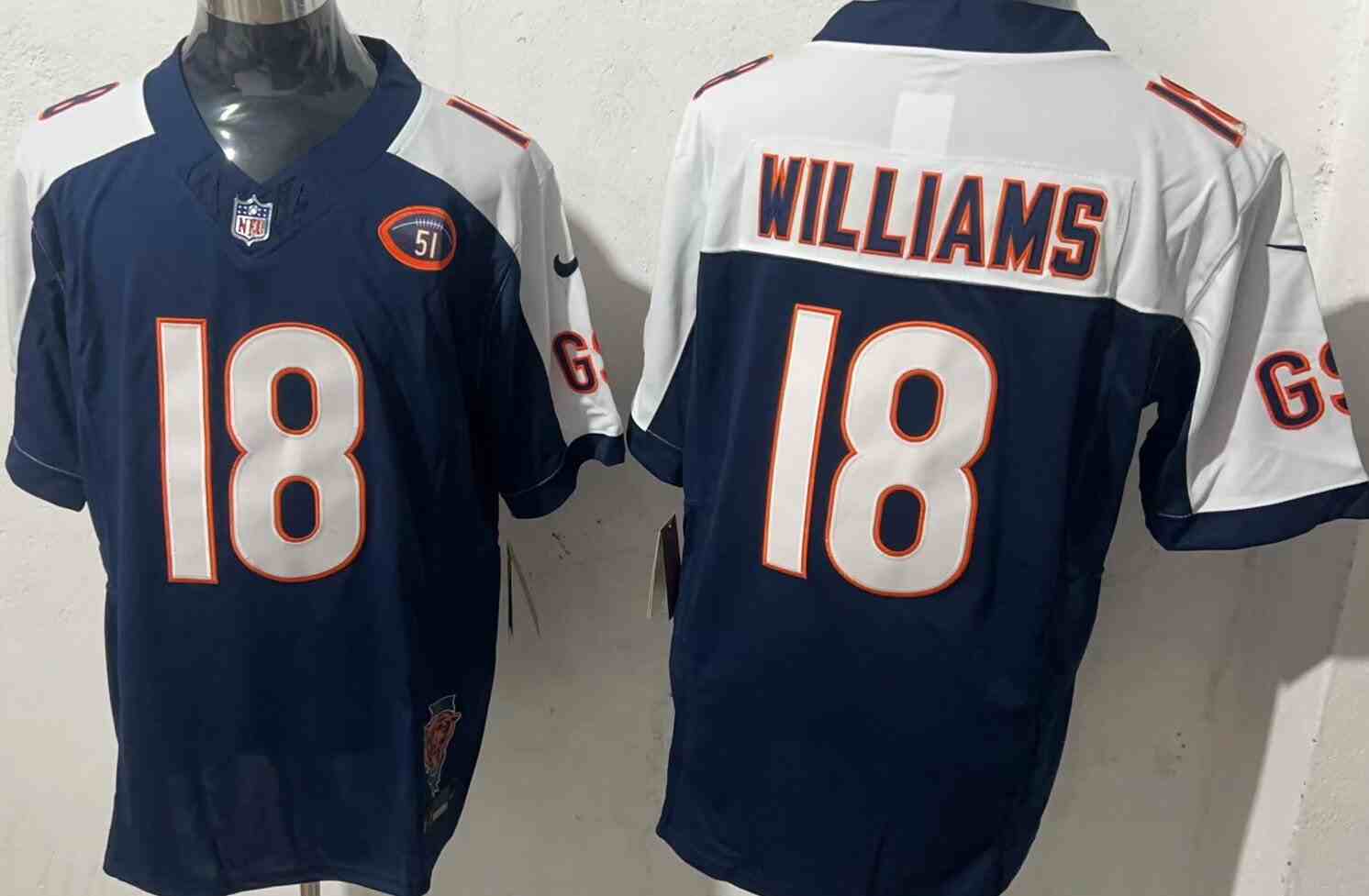 Men's Chicago Bears #18 Caleb Williams NavyWhite F.U.S.E. With Illinois And No. 51 Patch Stitched Football Jersey