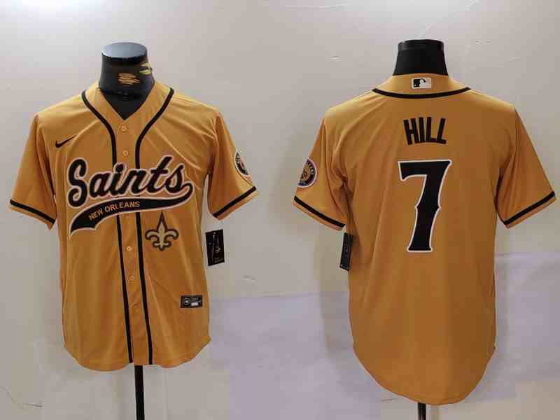 Men's New Orleans Saints #7 Taysom Hill Gold  Patch Cool Base Stitched Button Jersey2