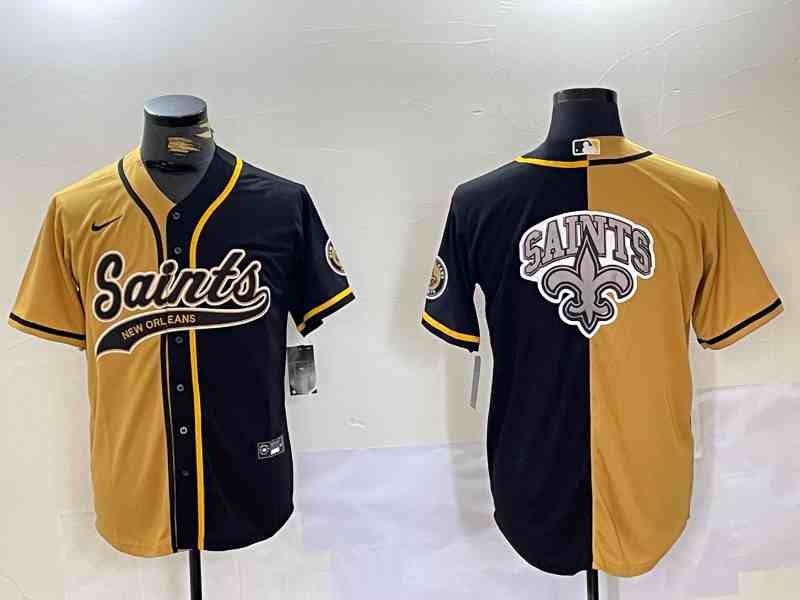 Men's New Orleans Saints Black Gold Split Team Big Logo Cool Base Stitched Button Jersey1
