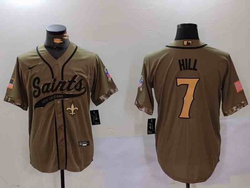 Men's New Orleans Saints #7 Taysom Hill  Olive Salute To Service With Patch Cool Base Stitched Button Jersey