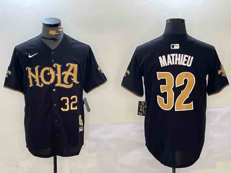 Men's New Orleans Saints #32 32 Tyrann Mathieu Black Nola Button Jersey-1
