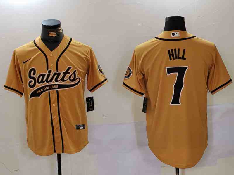 Men's New Orleans Saints #7 Taysom Hill Gold  Patch Cool Base Stitched Button Jersey