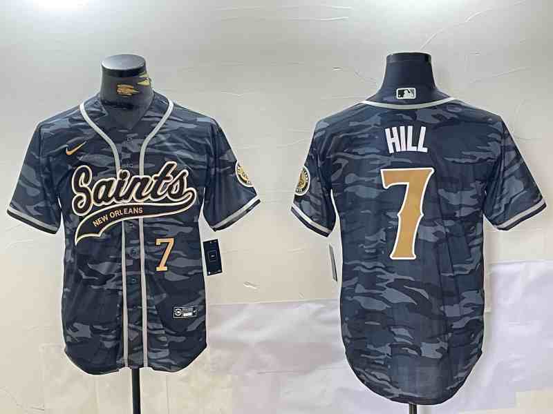 Men's New Orleans Saints #7 Taysom Hill Grey Camo With Patch Cool Base Stitched Button Jersey-1