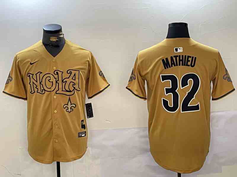 Men's New Orleans Saints #32 32 Tyrann Mathieu Number Gold Nola Button Jersey-2
