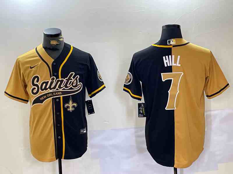 Men's New Orleans Saints #7 Taysom Hill  Black Gold Split Team Cool Base Stitched Baseball Jersey1