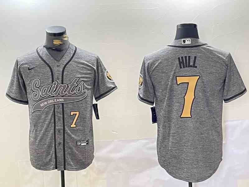 Men's New Orleans Saints #7 Taysom Hill Grey With Patch Cool Base Stitched Button Jersey-1