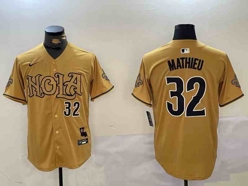 Men's New Orleans Saints #32 32 Tyrann Mathieu Number Gold Nola Button Jersey-1