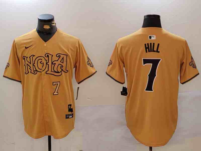 Men's New Orleans Saints #7 Taysom Hill Number Gold Nola Button Jersey-3