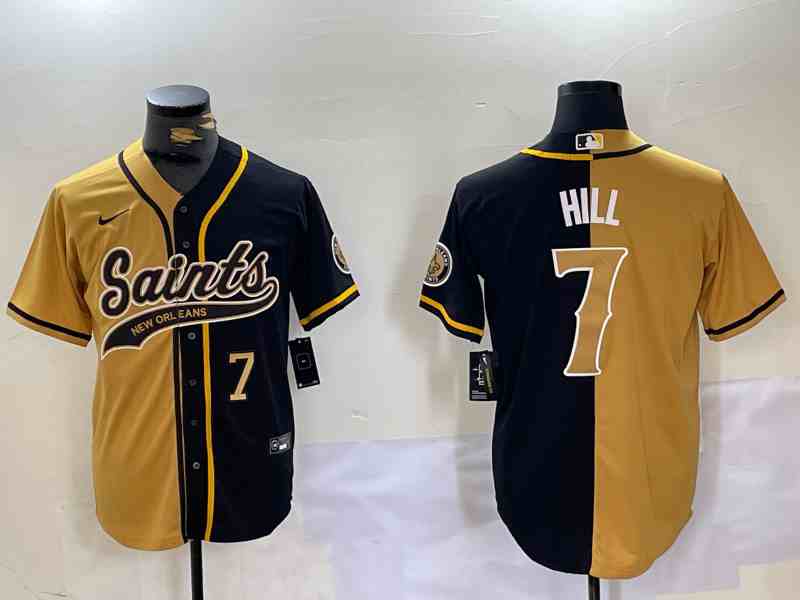 Men's New Orleans Saints #7 Taysom Hill  Black Gold Split Team Cool Base Stitched Baseball Jersey2