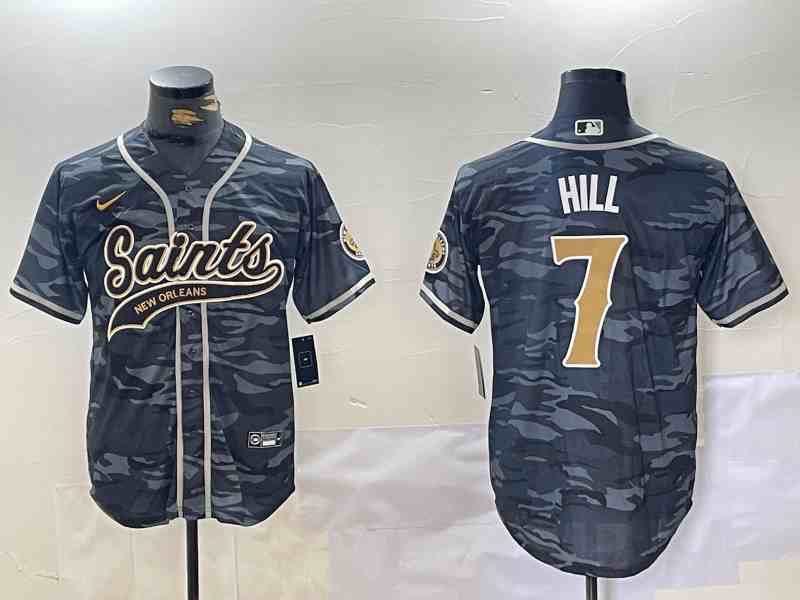Men's New Orleans Saints #7 Taysom Hill Grey Camo With Patch Cool Base Stitched Button Jersey