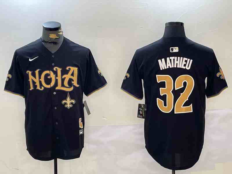 Men's New Orleans Saints #32 32 Tyrann Mathieu Black Nola Button Jersey-2