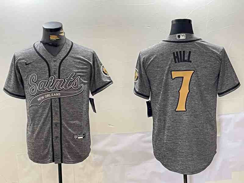 Men's New Orleans Saints #7 Taysom Hill Grey With Patch Cool Base Stitched Button Jersey