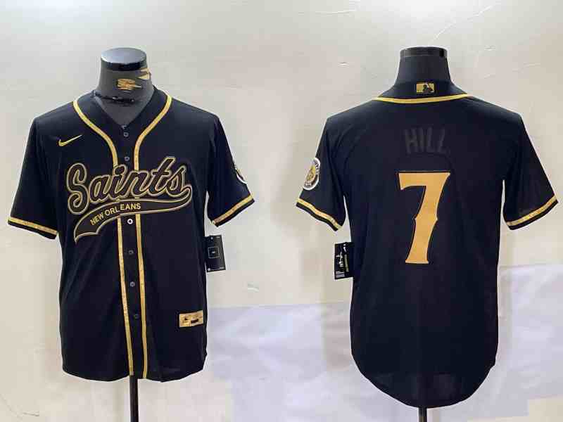 Men's New Orleans Saints #7 Taysom Hill Black With Patch Cool Base Stitched Button Jersey-4