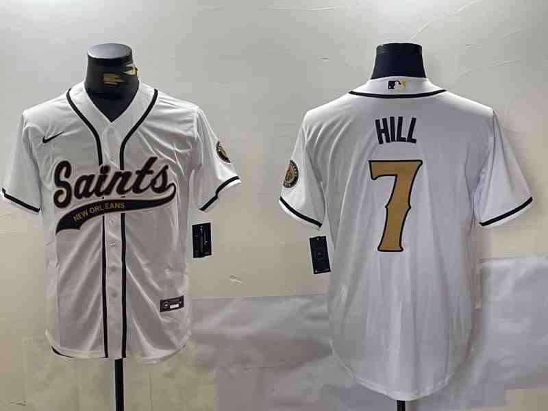 Men's New Orleans Saints #7 Taysom Hill White With Patch Cool Base Stitched Button Jersey