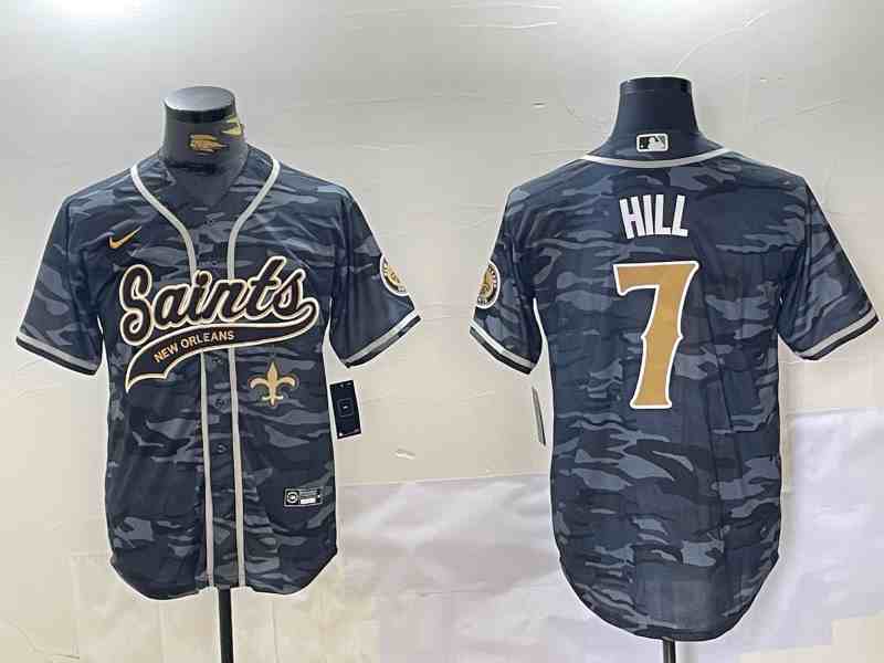 Men's New Orleans Saints #7 Taysom Hill Grey Camo With Patch Cool Base Stitched Button Jersey-2