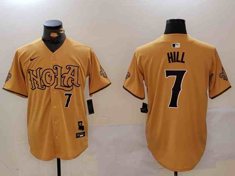 Men's New Orleans Saints #7 Taysom Hill Number Gold Nola Button Jersey-1