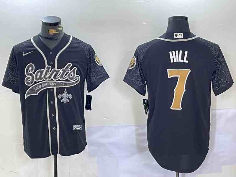 Men's New Orleans Saints #7 Taysom Hill Black With Patch Cool Base Stitched Button Jersey-3