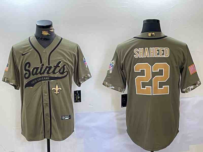 Men's New Orleans Saints #22 Rashid Shaheed Olive Salute To Service With Patch Cool Base Stitched Button Jersey