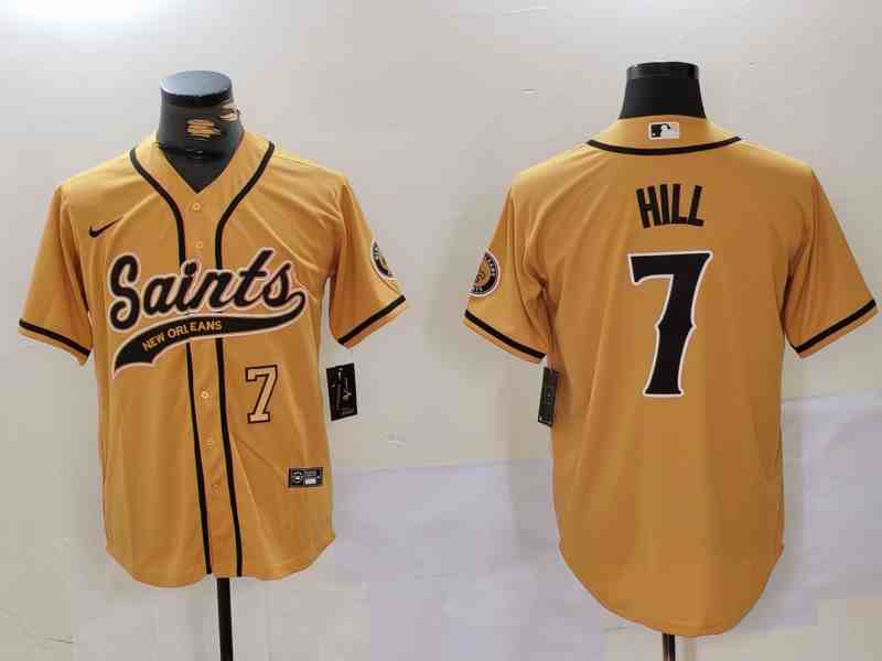 Men's New Orleans Saints #7 Taysom Hill Gold  Patch Cool Base Stitched Button Jersey1