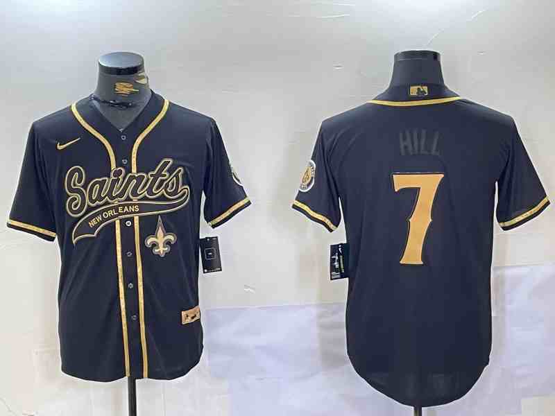 Men's New Orleans Saints #7 Taysom Hill Black With Patch Cool Base Stitched Button Jersey-6