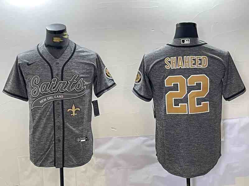 Men's New Orleans Saints #22 Rashid Shaheed Grey With Patch Cool Base Stitched Button Jersey-2