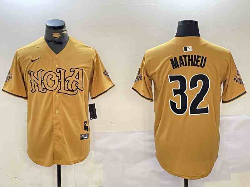 Men's New Orleans Saints #32 32 Tyrann Mathieu Number Gold Nola Button Jersey