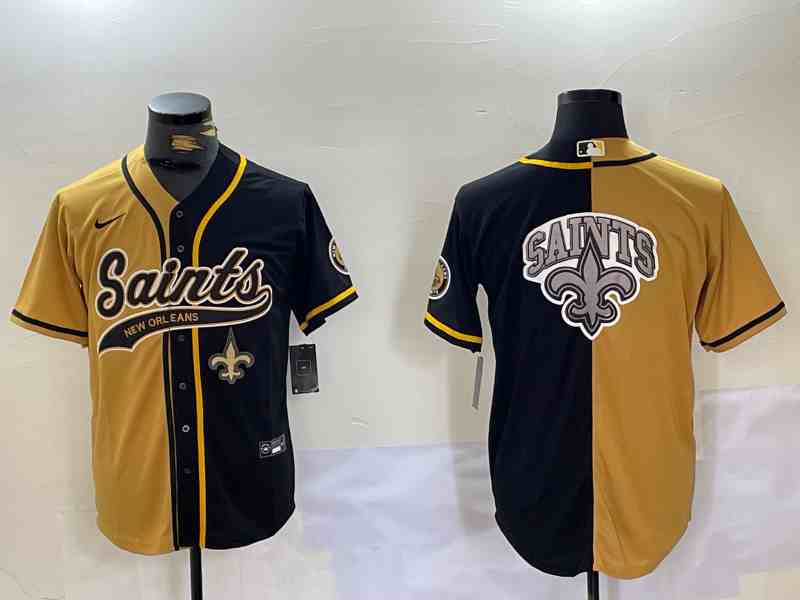 Men's New Orleans Saints Black Gold Split Team Big Logo Cool Base Stitched Button Jersey