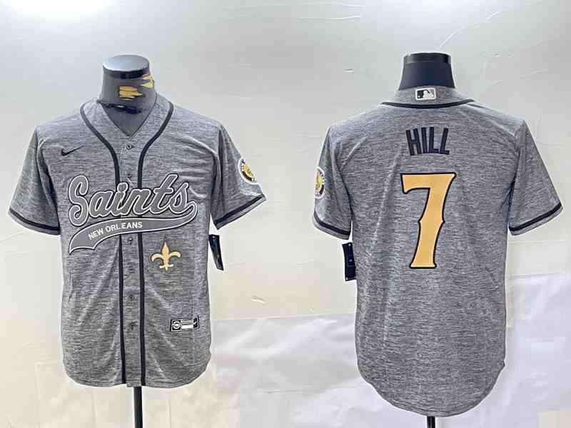 Men's New Orleans Saints #7 Taysom Hill Grey With Patch Cool Base Stitched Button Jersey-2