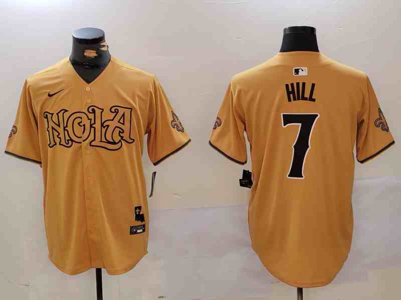 Men's New Orleans Saints #7 Taysom Hill Number Gold Nola Button Jersey
