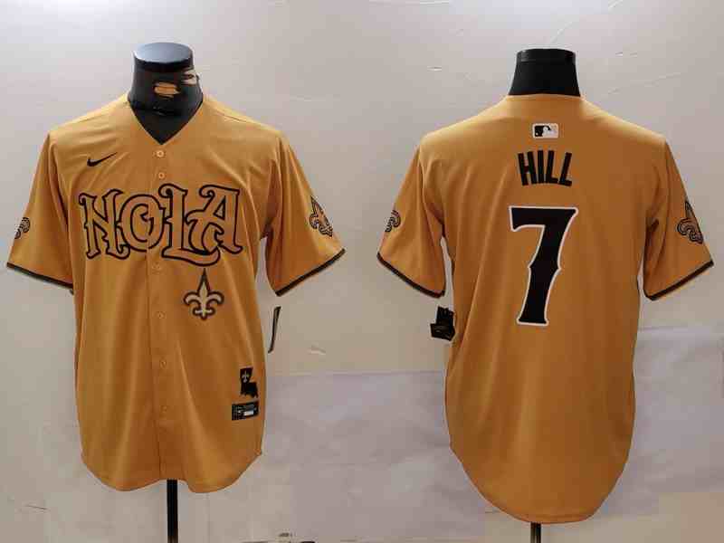 Men's New Orleans Saints #7 Taysom Hill Number Gold Nola Button Jersey-2