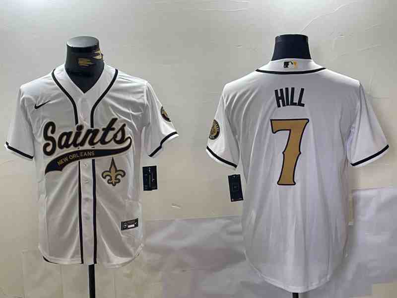 Men's New Orleans Saints #7 Taysom Hill White With Patch Cool Base Stitched Button Jersey-2