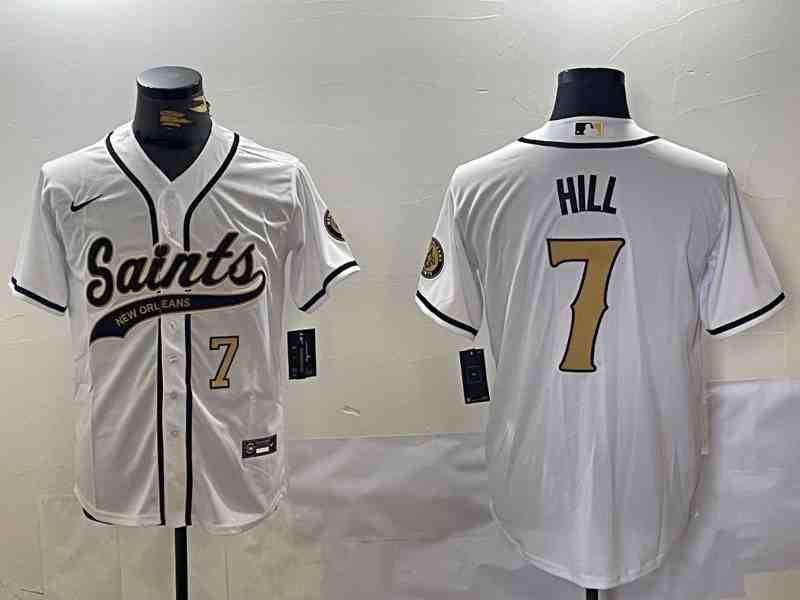Men's New Orleans Saints #7 Taysom Hill White With Patch Cool Base Stitched Button Jersey-1
