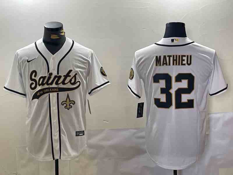 Mens New Orleans Saints #32 Tyrann Mathieu White Cool Base Stitched Button Jersey-2