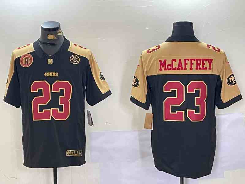 Men's San Francisco 49ers #23 Christian McCaffrey Balck  Gold  F.U.S.E. Golden Gate Bridge Patch Alternate With Patch Vapor Limited Stitched Football Jersey