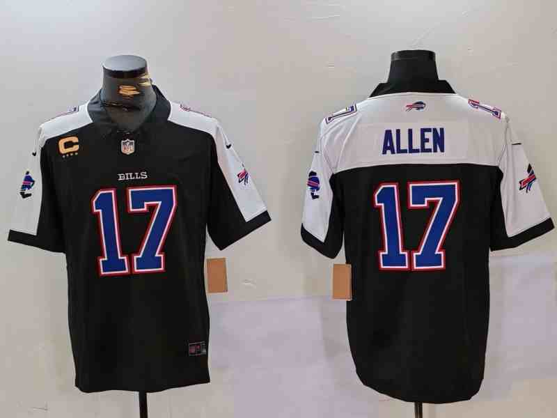 Men's Buffalo Bills #17 Josh Allen BlackWhite 2023 F.U.S.E. New York Patch And 4-Star C Patch Vapor Untouchable Limited Stitched Football Jersey
