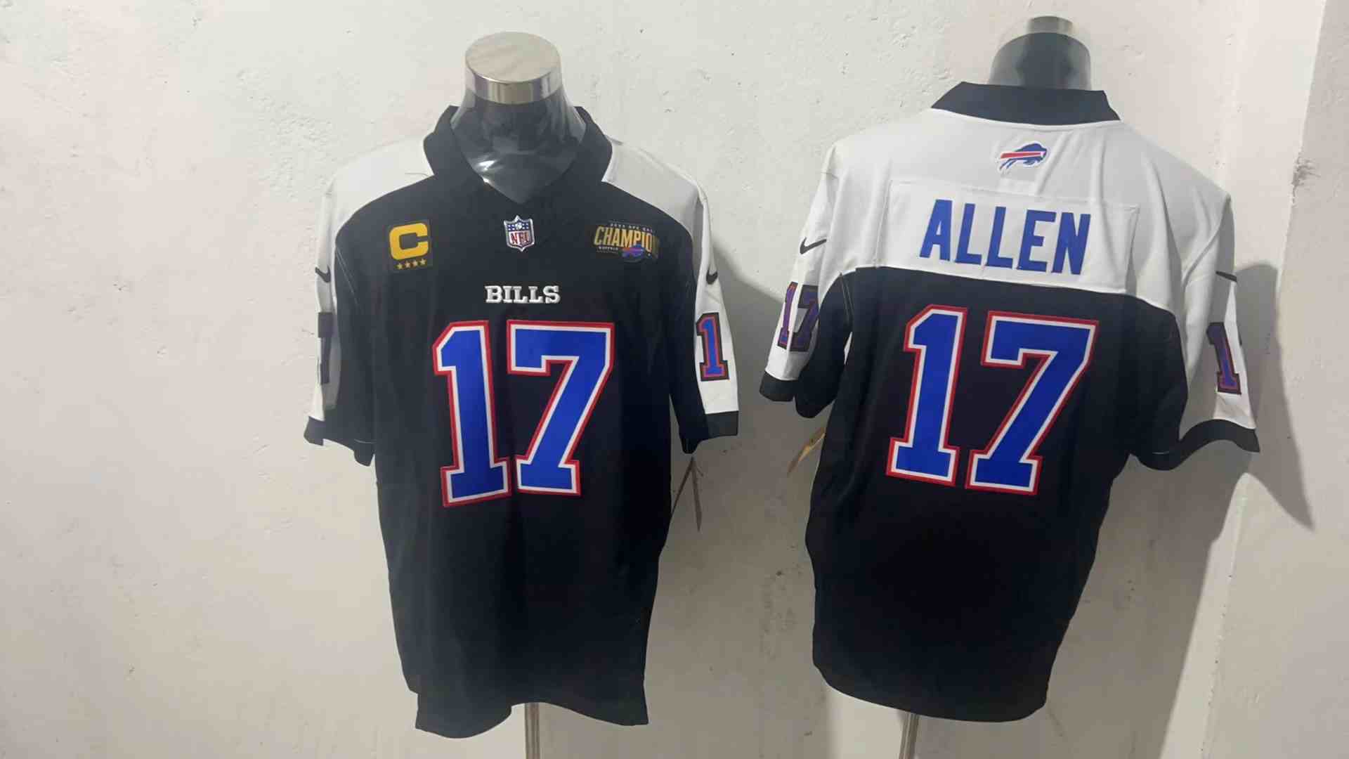 Men's Buffalo Bills #17 Josh Allen BlackWhite 2023 F.U.S.E. AFC East Champions With 4-Star C Ptach Stitched Football Jersey