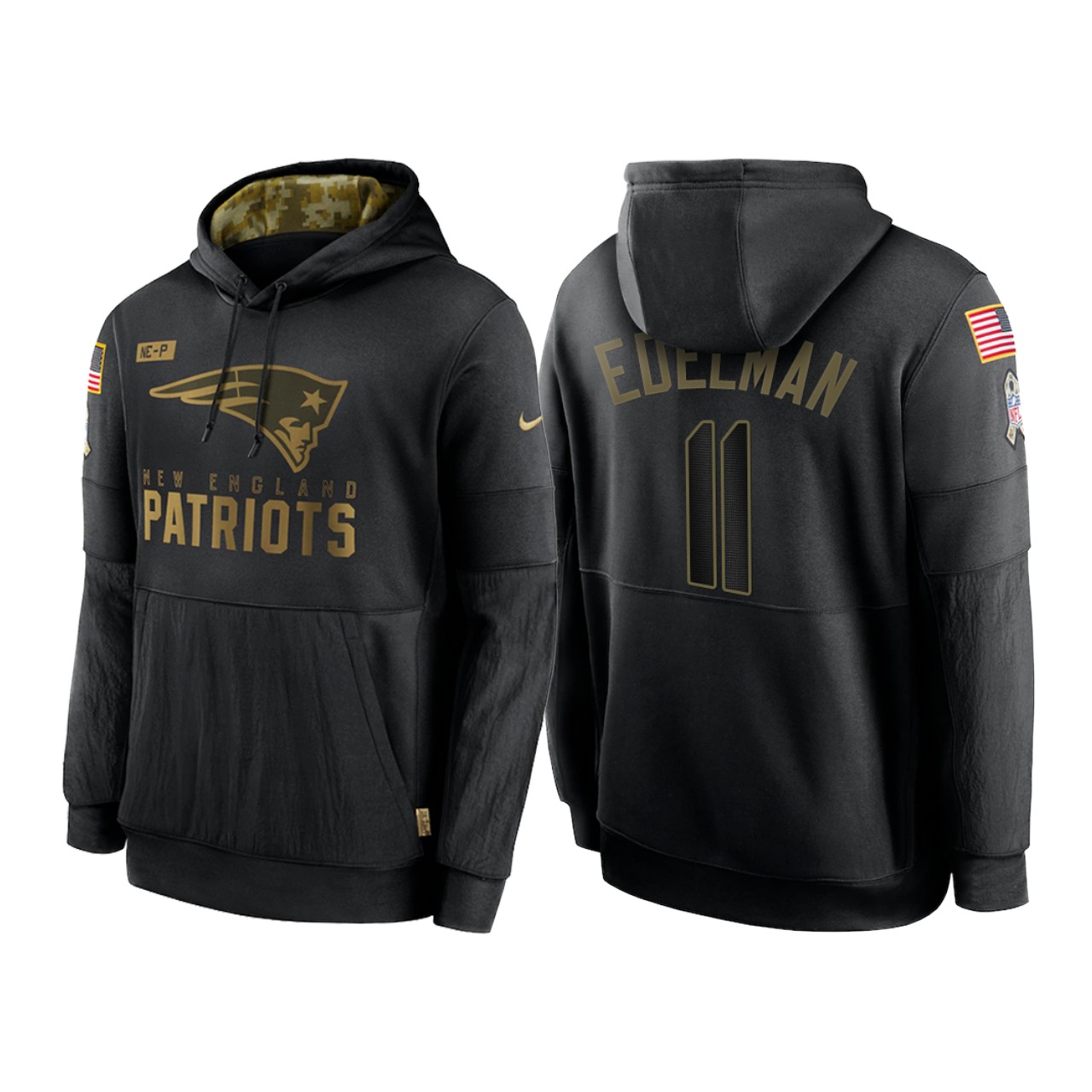Men's New England Patriots #11 Julian Edelman 2020 Black Salute To Service Sideline Performance Pullover Hoodie
