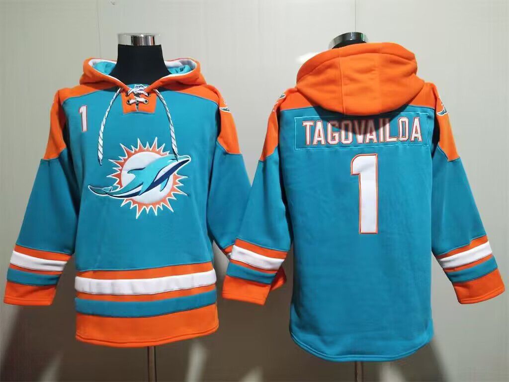 Men's Miami Dolphins #1 Tua Tagovailoa Aqua Lace-Up Pullover  Hoodie